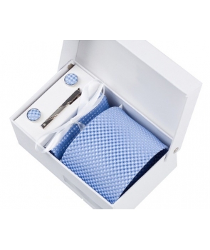 Coffret Stockholm - Cravate bleu ciel à motifs carrés blanc satiné