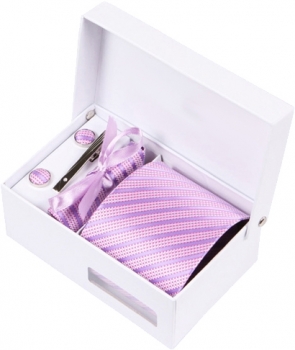Coffret Vienne - Cravate rose à rayures violettes et petits motifs carrés gris