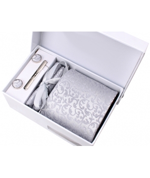 Coffret Nashville - Cravate gris clair satiné à motif floral ton sur ton