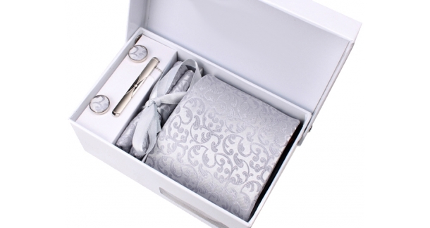 Coffret Nashville - Cravate gris clair satiné à motif floral ton sur ton