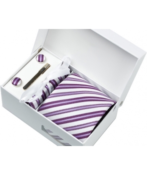 Coffret Venise - Cravate blanche aspect satin mat, à rayures violettes claires et foncées