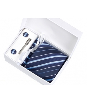 Coffret Rome - Cravate bleu marine à rayures blanches, bleu ciel, bleu azur