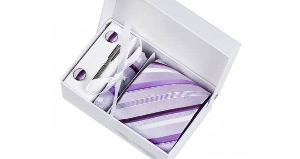 Coffret Nouvelle-Orléans - Cravate parme à rayures blanches, violettes claires et foncées