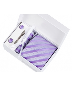 Coffret Dublin - Cravate gris clair parsemée de petits points parme, à rayures parme et mauve clair