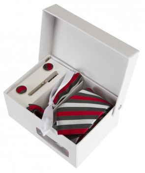 Coffret Le Caire - Cravate slim à rayures rouges, gris foncé et blanc satin