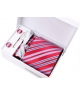 Coffret Brazzaville - Cravate rouge à larges rayures bleu ciel, fines rayures roses et bleu marine