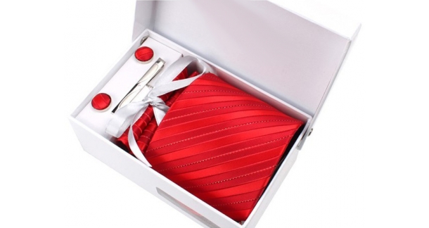 Coffret Pékin - Cravate rouge à rayures rouge clair avec fil argenté